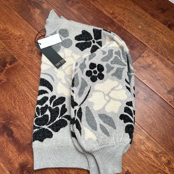 Truth By Republic Floral Jacquard Pullover Sweater Ballon Sleeves Black Grey XS - Picture 2 of 4